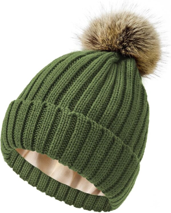 Satin Lined Beanie for Women Knit Winter Hats Silk Lined Womens Beanie with Detachable Pom Pom
