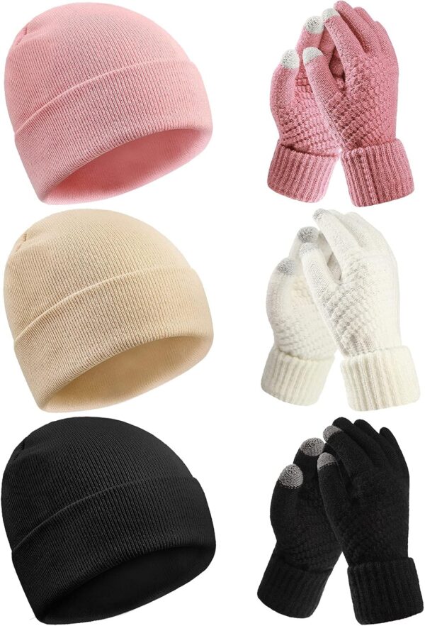 6 Pieces Women Knit Beanie Hats Touchscreen Gloves Set for Winter Cute Hats Soft Skull Cap Gifts for Christmas