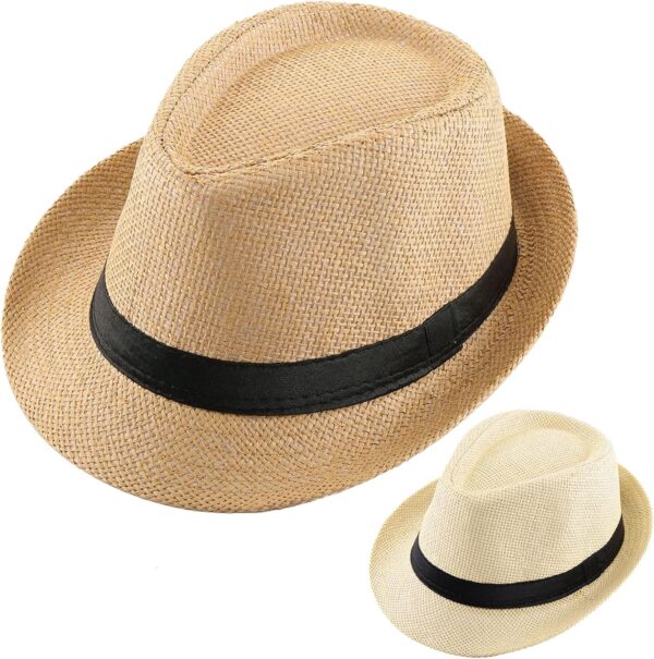 2 Pack Straw Fedora Hats for Men and Women, Short Brim Summer Beach hat, Trilby Panama Sun Hats.